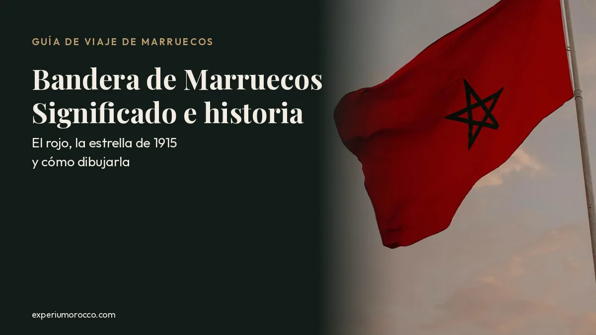 Bandera de Marruecos con la estrella verde ondeando en el cielo, portada de la guía sobre su significado e historia