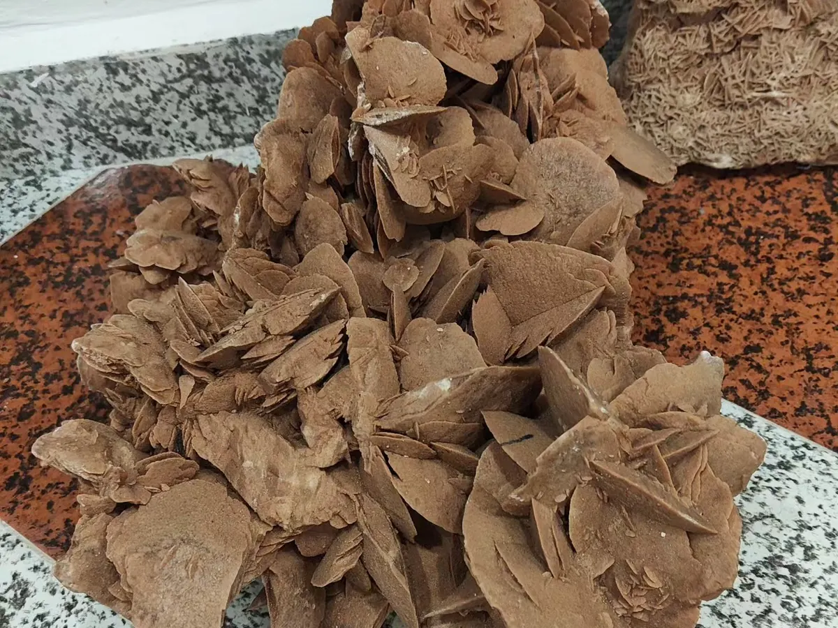 Desert roses, petal-shaped gypsum crystals with sand, in a Moroccan shop