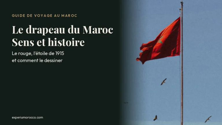Drapeau du Maroc à l'étoile verte flottant dans le ciel, couverture du guide sur sa signification et son histoire