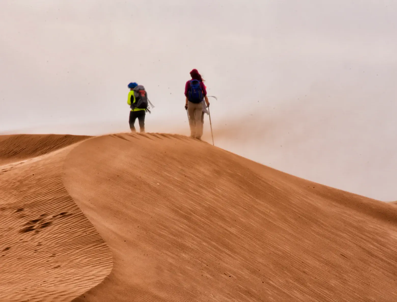 Two hikers on a dune crest as the wind lifts the sand in the Sahara Desert, Morocco