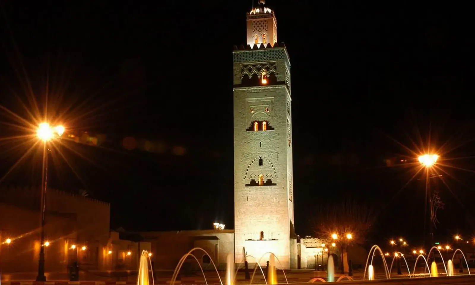 The Koutoubia minaret lit up at night in Marrakech