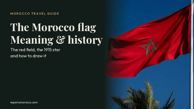 The Moroccan flag with its green interlaced star flying against a blue sky, cover of a guide to the Morocco flag meaning and history