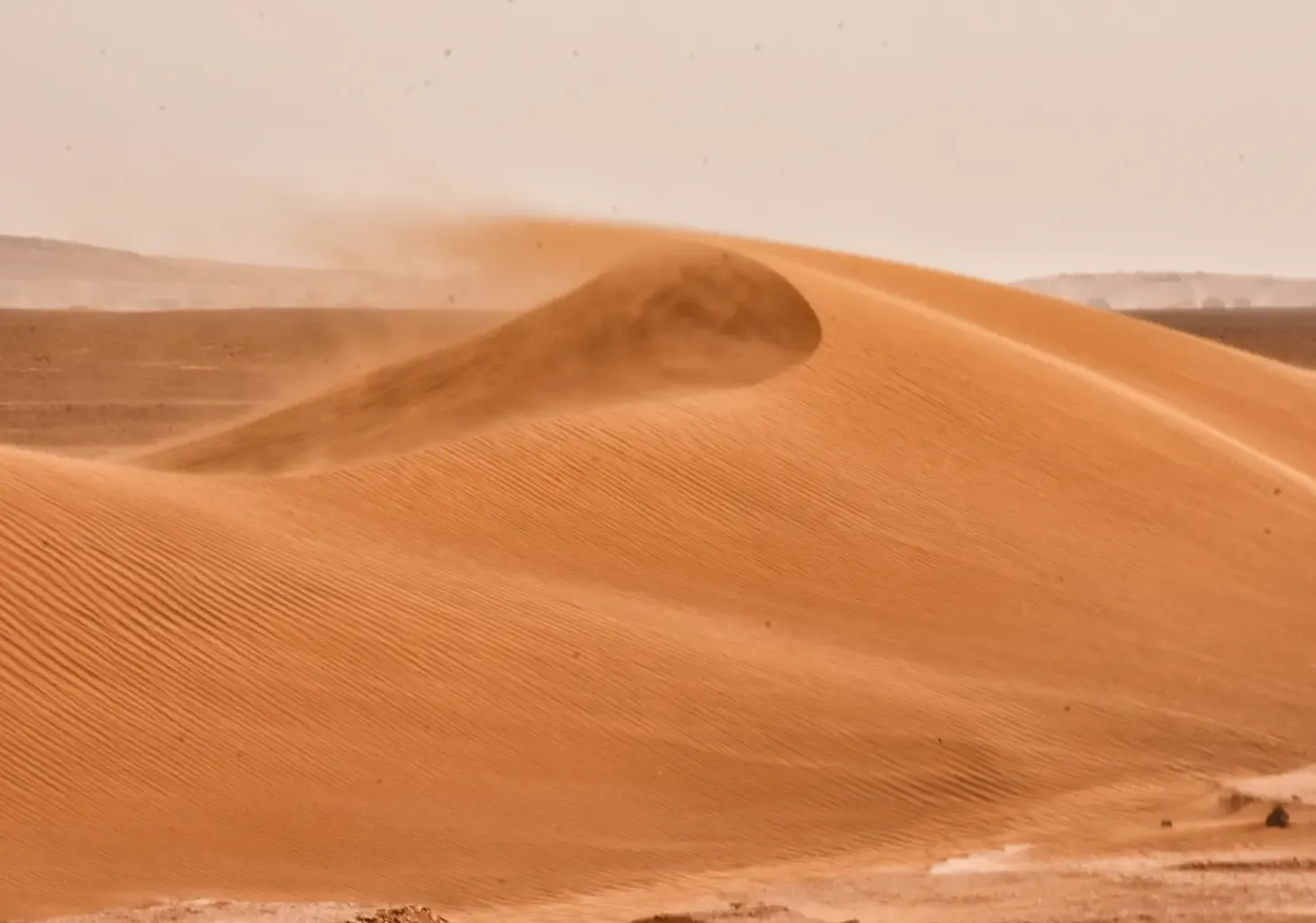 Le vent arrache le sable de la crête d'une grande dune dans le désert marocain
