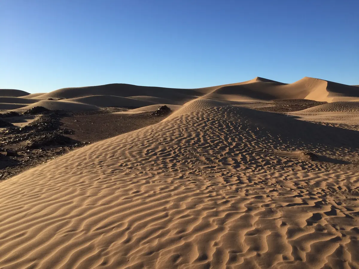Sand dune with dark rocks at its edge and higher dunes behind, Morocco